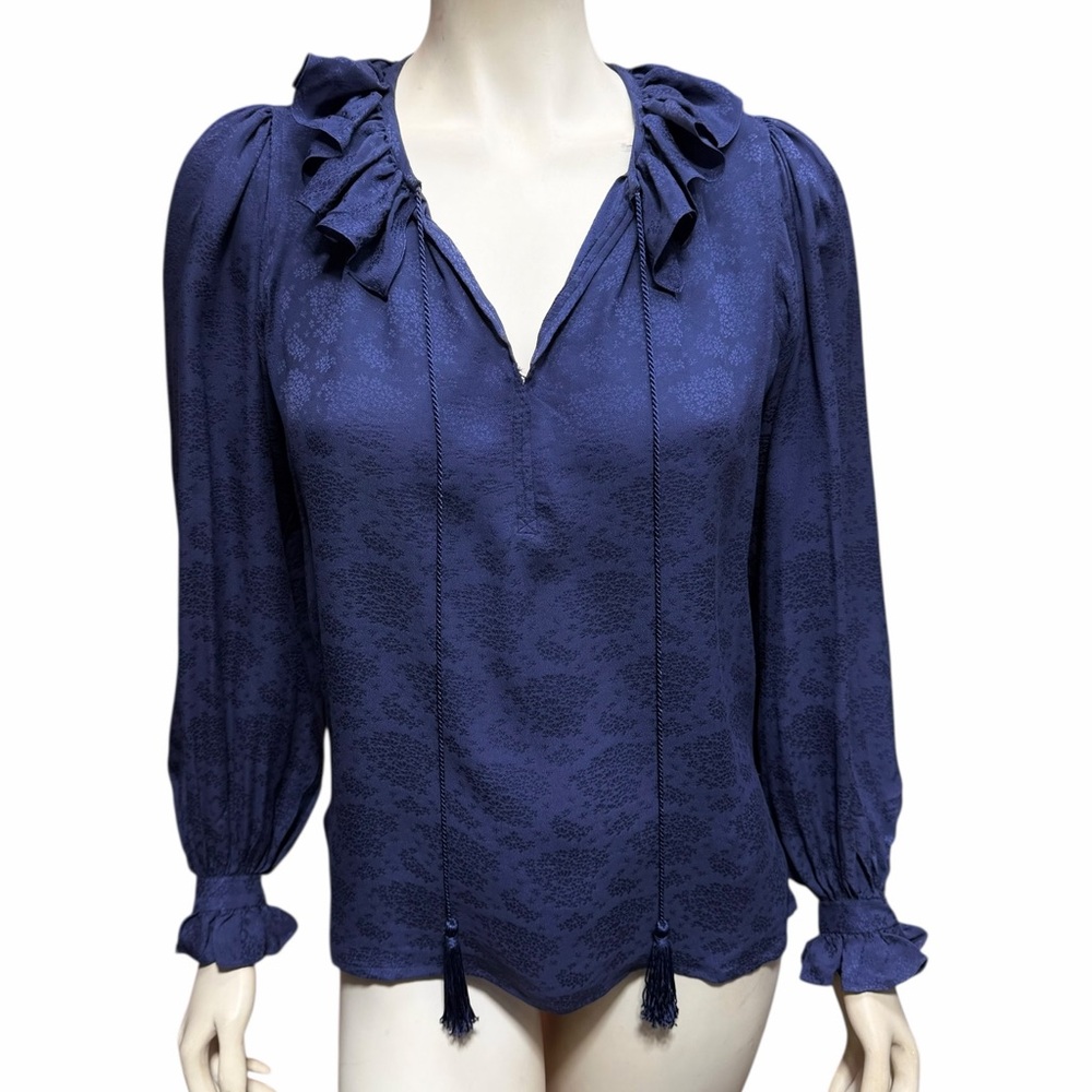 Saint Laurent Rive Gauche Blue 100% Silk Blue Jacquard Ruffle Neck Tassel Blouse